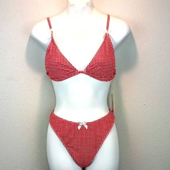 Seamoly Red / White Gingham Bow Decor Triangle Bikini Set sz L - Picture 2 of 13